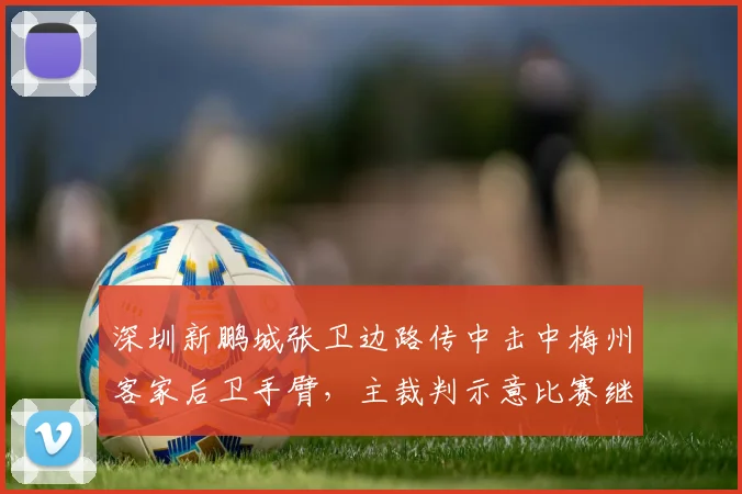 深圳新鹏城张卫边路传中击中梅州客家后卫手臂，主裁判示意比赛继续引发新鹏城教练组冲入场内